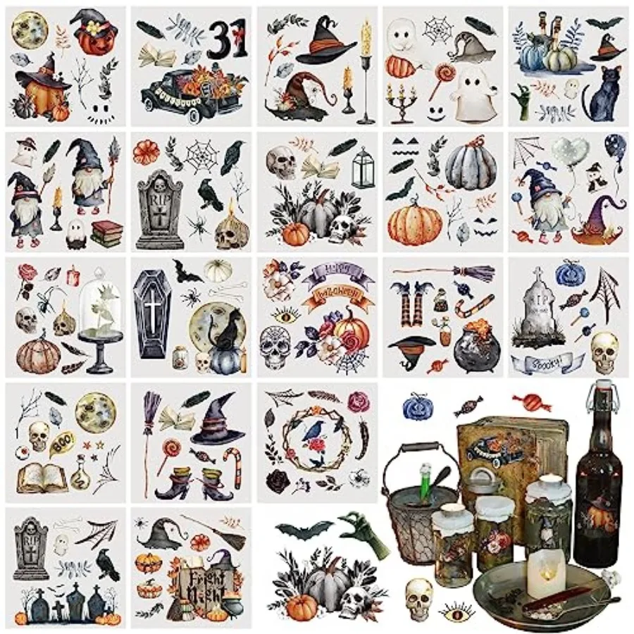 20 Sheets Halloween Rub on Transfers for Crafts and Furniture Vintage Pumpkin Skull Ghost Rub on Transfers Stickers Black Hallo