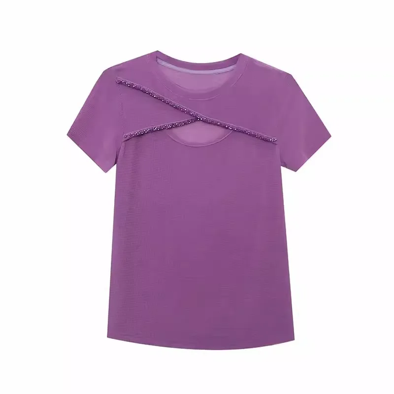 2025 Summer Designer Hollow Out Bead Spliced T-Shirt Women's Elegant Round Neck Short Sleeve Fashion Slim Mesh Tees Shirt image 5