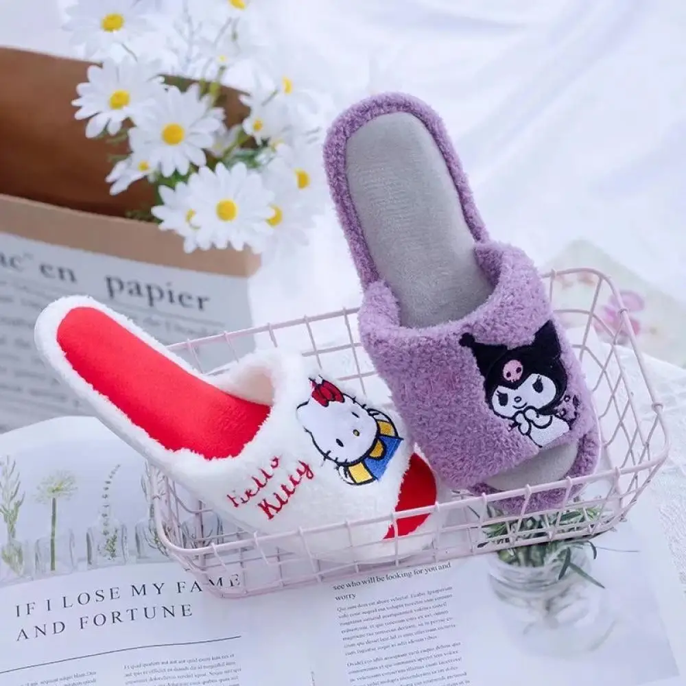 Kawaii/плюшевые тапочки для девочек, милые туфли Hello Kitty Kuromi с рыбьим ртом, женские домашние нескользящие домашние хлопковые тапочки с героями мультфильмов