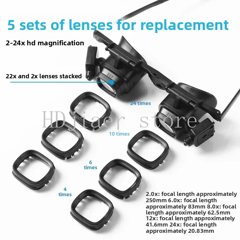

24-кратные головные очки с большим увеличением, светодиодная подсветка, часы, мобильные телефоны, электронные компоненты, микросхемы, пайка и крепление