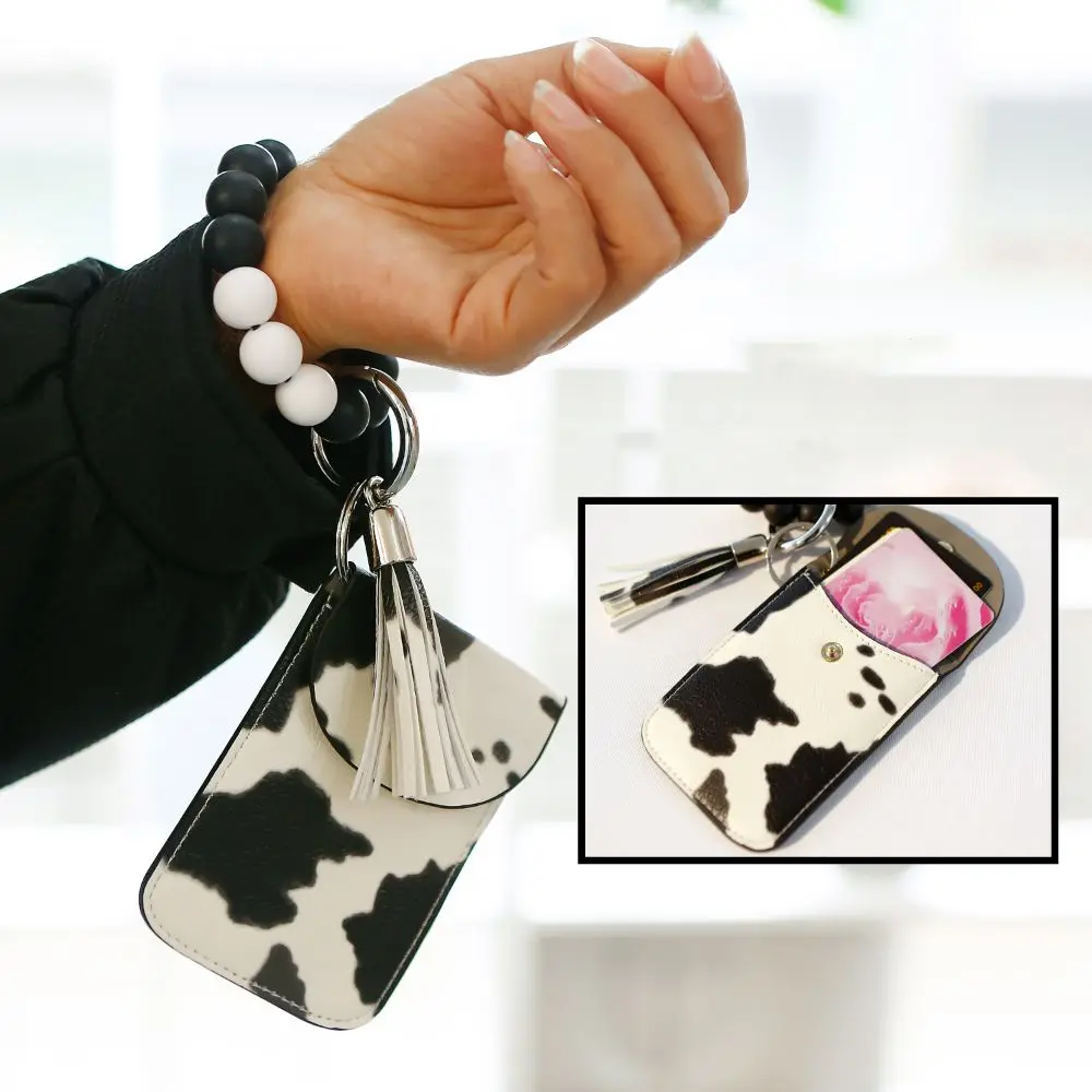 Practical PU Leather Bracelet Keychain Silicone Card Holder Card Pouch Storage Bead Coin Purse Wristlet