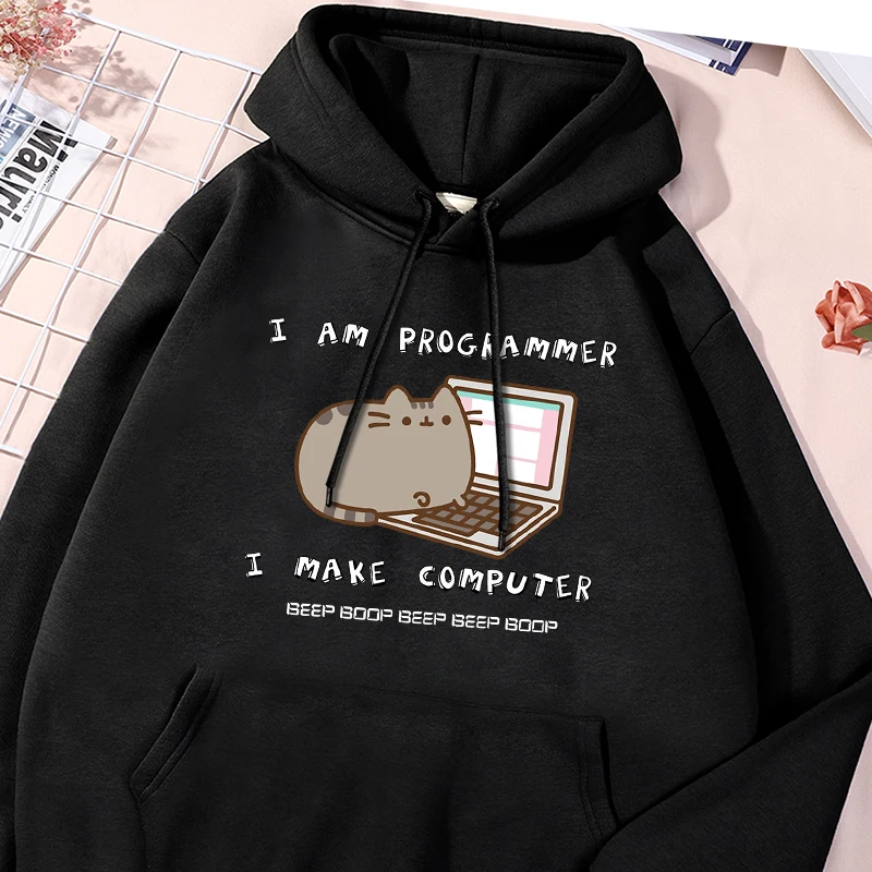 Make Computer Cat Printing Men Sweatshirt Harajuku Casual Sweatshirt Fashion Loose Hoodie Autumn Warm Vintage Fleece Man Top