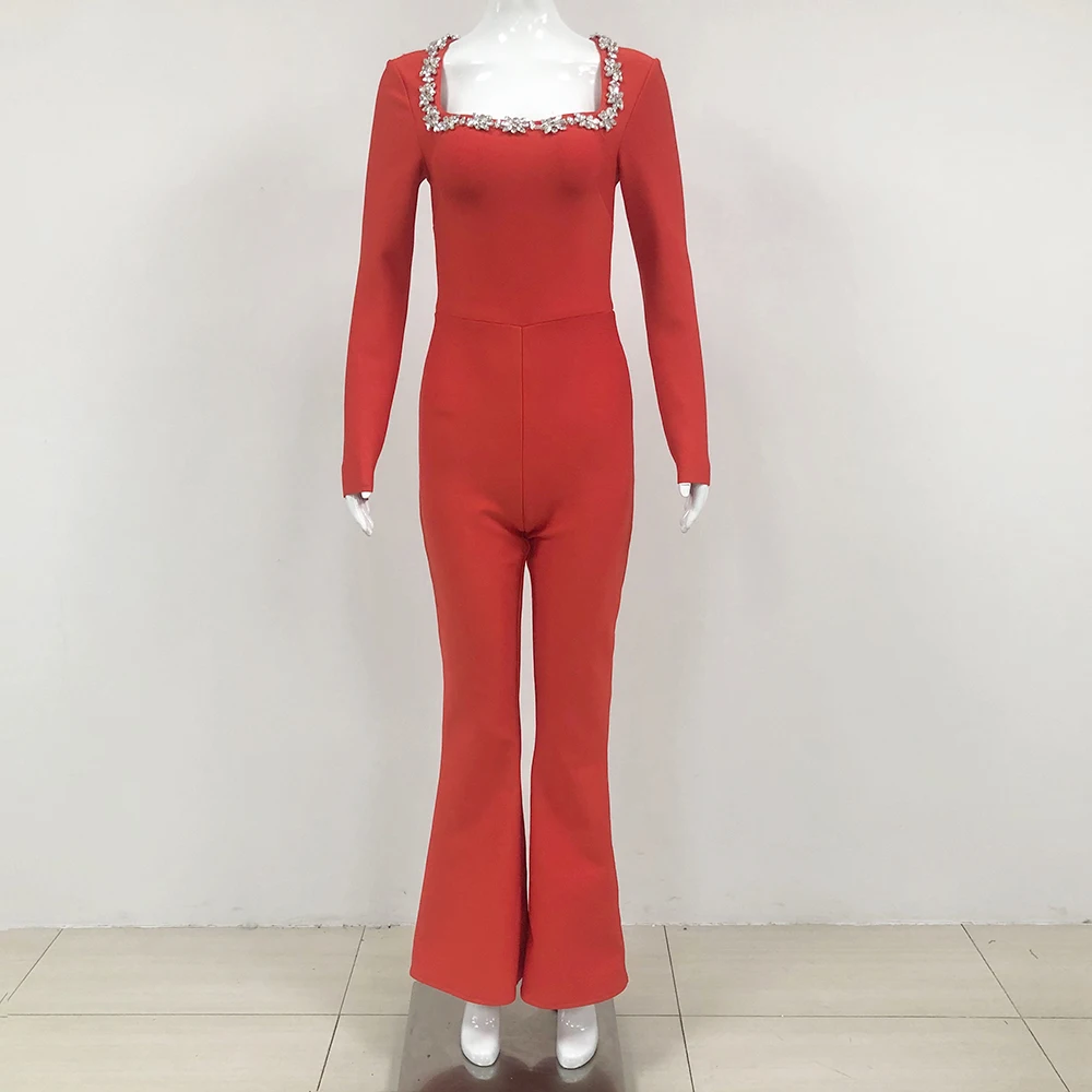 GORAFASHION Fashionable Rhinestones Diamond Hollow Red Color Bandage Jumpsuit Woman Lady Office Wear Jumpsuits For Women