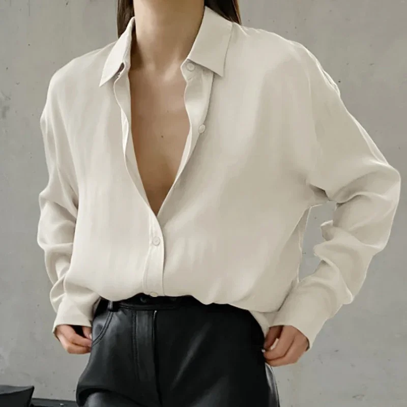 

Autumn Loose Casual Satin Blouse Woman French Vintage Long Sleeve Polo Collar Shirt Women Simple Fashion Tops Temperament 29372