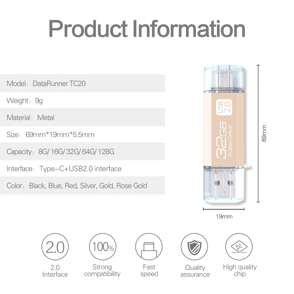 DataRunner-Clé USB 2.0 pour Android et PC de Type C, Support à Mémoire de 8 Go 16 Go 64 Go 32 Go 128 Go