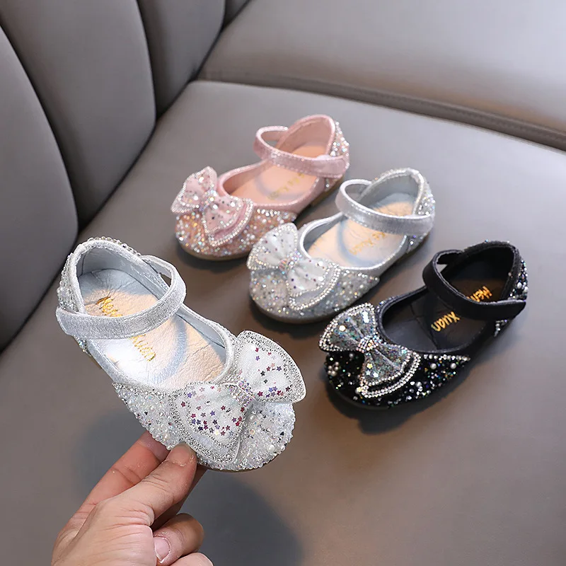 

2023 Autumn New Children Soft Soled Shoe Sweet Bowkont Rhinestone Princess Girls Dance Shoes Fashion Non-slip Sequins Kids Flats