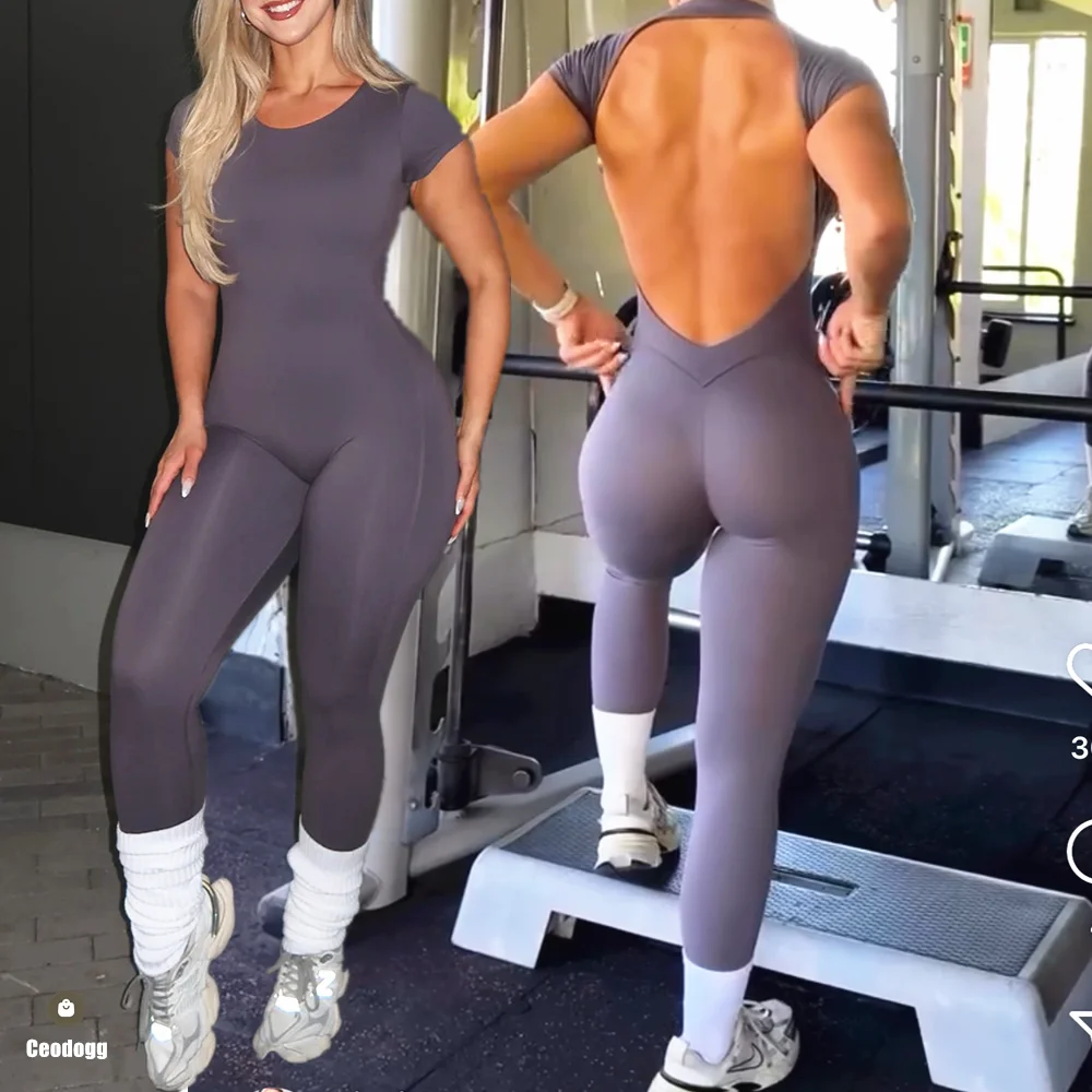 

Женский комбинезон с короткими рукавами, цельный, для йоги, тренировок, без спинки, спортивный ромпер, леггинсы для спортзала XP63