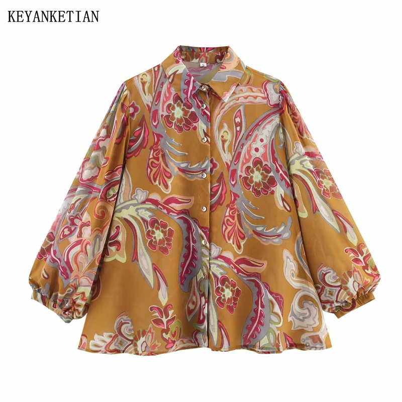 

KEYANKETIAN, новая весенняя прозрачная рубашка в сельском стиле с цветочным принтом, однобортная женская блузка с отложным воротником и рукавами-фонариками