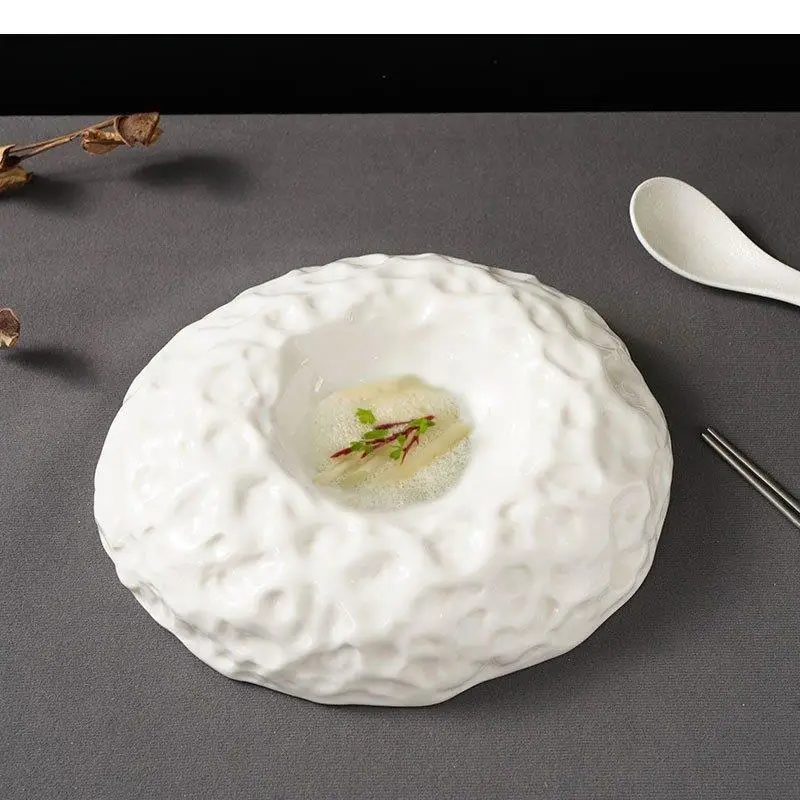 Ceramic Dinner Plate Irregular Texture Thick Soup Double Layer Insulation Dish Dessert Solid Color Tableware