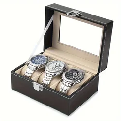 Premium Leather Watch Box Case with Glass Top, Lockable 3 Slot Watch Organizer, Men's Jewelry Storage Holder With