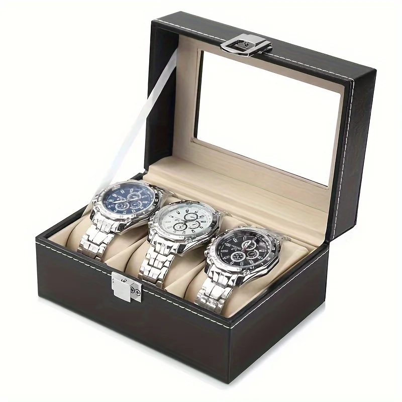 Premium Leather Watch Box Case with Glass Top, Lockable 3 Slot Watch Organizer, Men's Jewelry Storage Holder With
