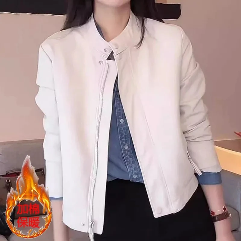 Czarny kołnierz ze stójką Modna skórzana kurtka Krótki płaszcz damski 2025 Wiosna Nowa Casual Temperament Kurtka damska Topy motocyklowe