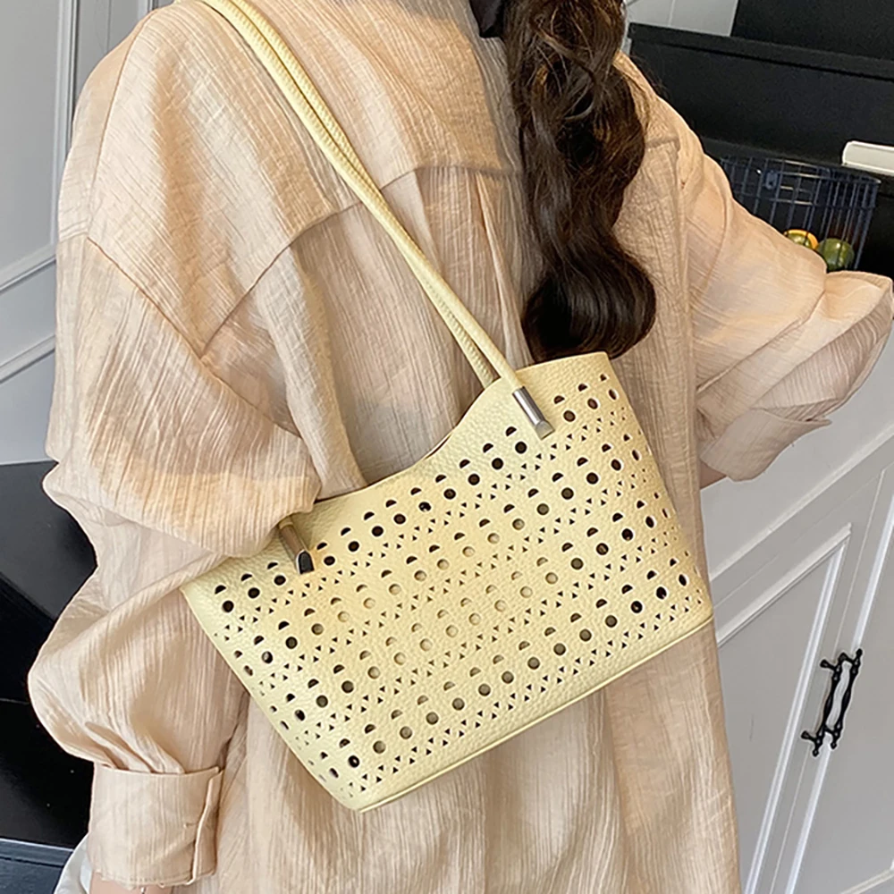 

Hollow Out Women's Bag Solid Pu Leather Shoulder Bags Large Capacity Female Versatile Commuting Underarm Composite Packs