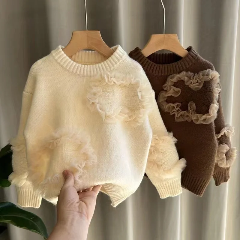 Girls lace Sweater 2024 Autumn/winter Children's Clothing Knitted Sweater Thickened Baby Girl Embroidered Korean Version Sweater