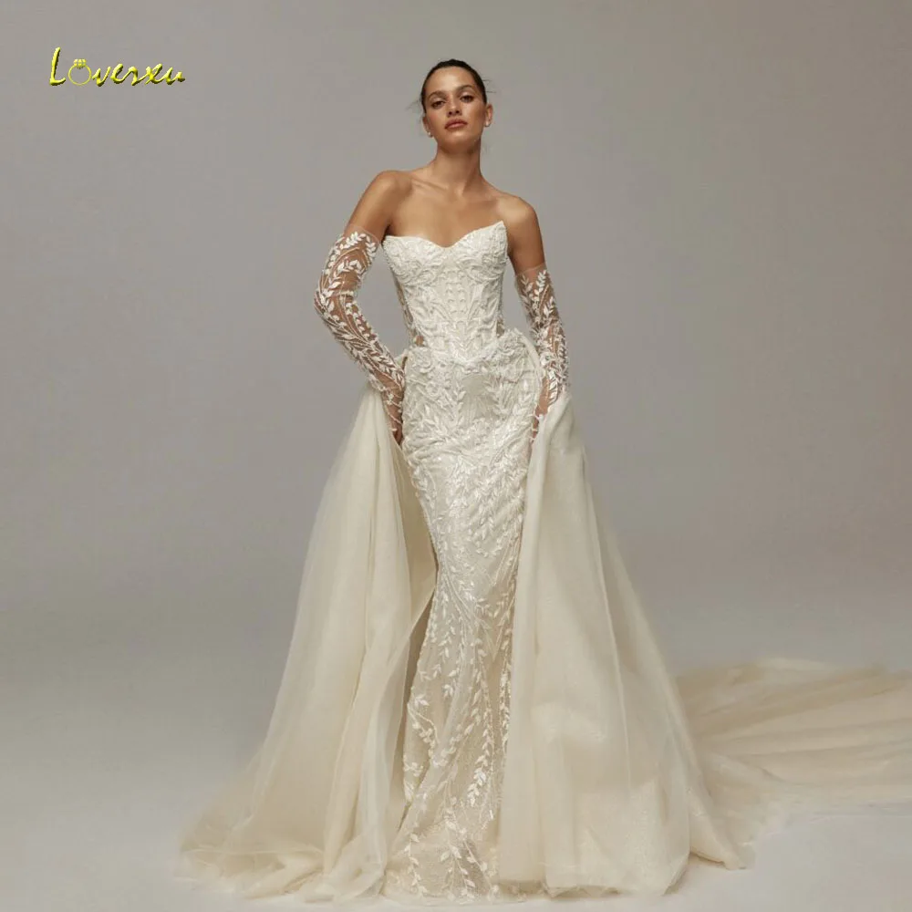 Loverxu Mermaid Sexy Wedding Dresses Strapless Vestido De Novia Lace Embroidery Detachable Train Vintage Custom Made Bridal Gown