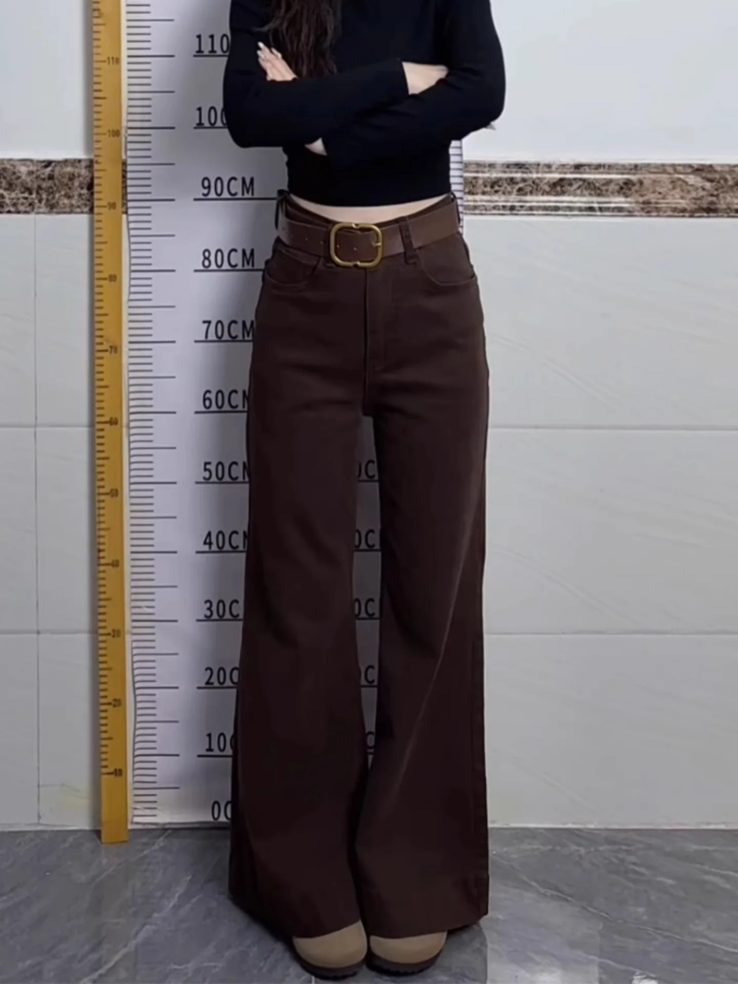 High Waist Slimming Fleece Lined Wide Leg Bell Bottom Jeans Women's Straight Cut Micro Flared Denim Pants Retro Style Autumn ...