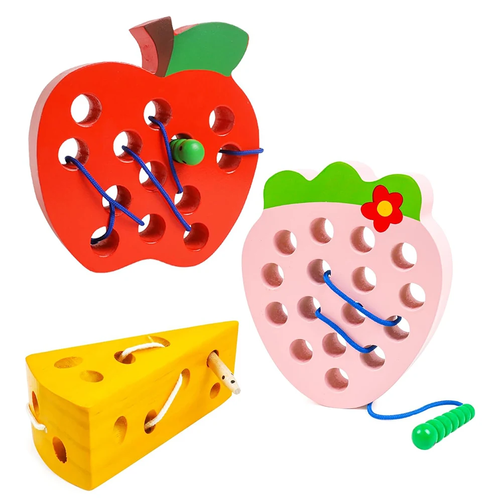 Juguetes con cordones de madera Montessori para niños pequeños, juguetes para bebés, juguetes para enhebrar manzana, rompecabezas de bloques de madera, juego de viaje, juguetes educativos sensoriales