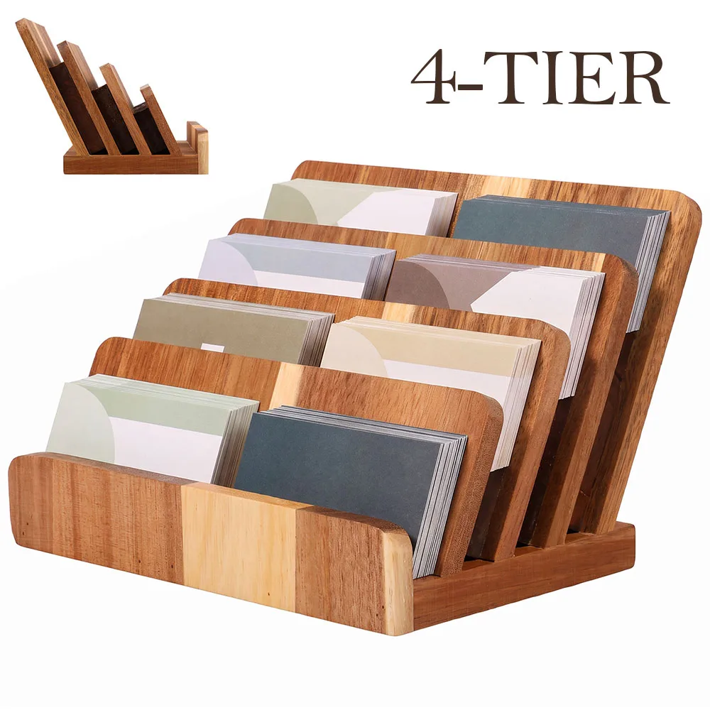 4 Tier Desktop Wood Business Card Holder Tiered Card Display Stand Office Desk Storage Rack Multi-role Brochure Postcard Holder