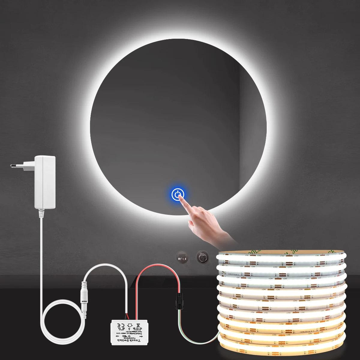 Dresssing Table Makeup Mirror LED Light Strip COB 24V CCT 2700K To 6500K Dimmable Touch Switch Bathroom Vanity Mirror Backlight