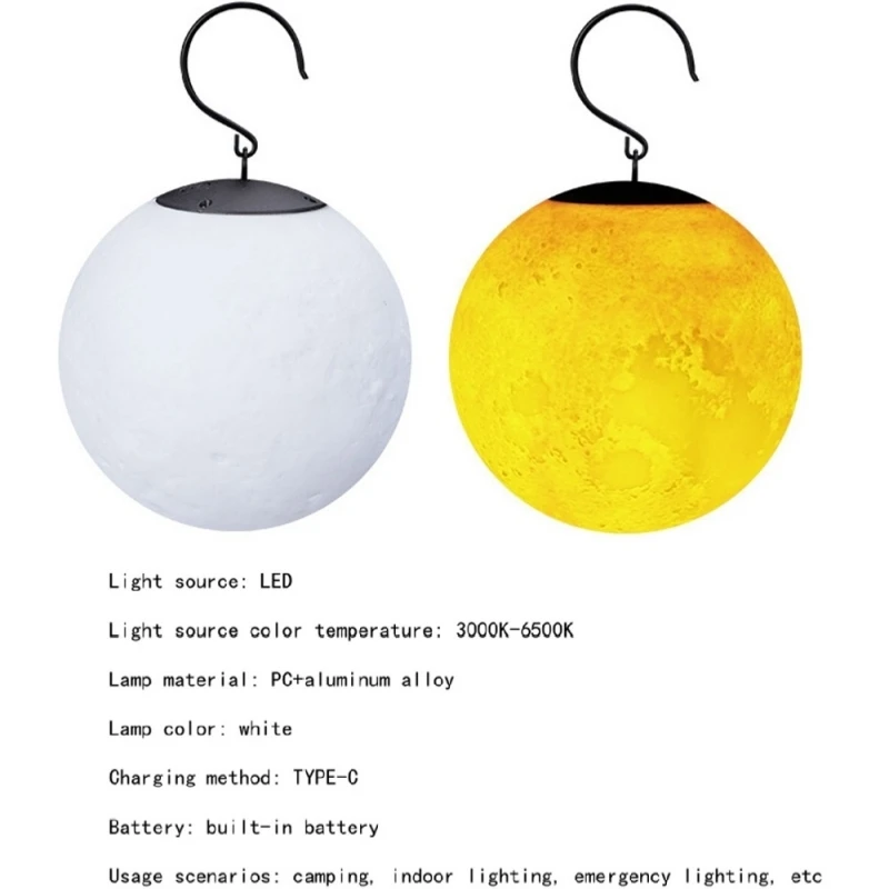 Rechargeable Camping Lights Outdoor Camp Atmosphere Moon Lamp TYPE-C Rechargeable Emergency Hanging Tent Light Lanterns