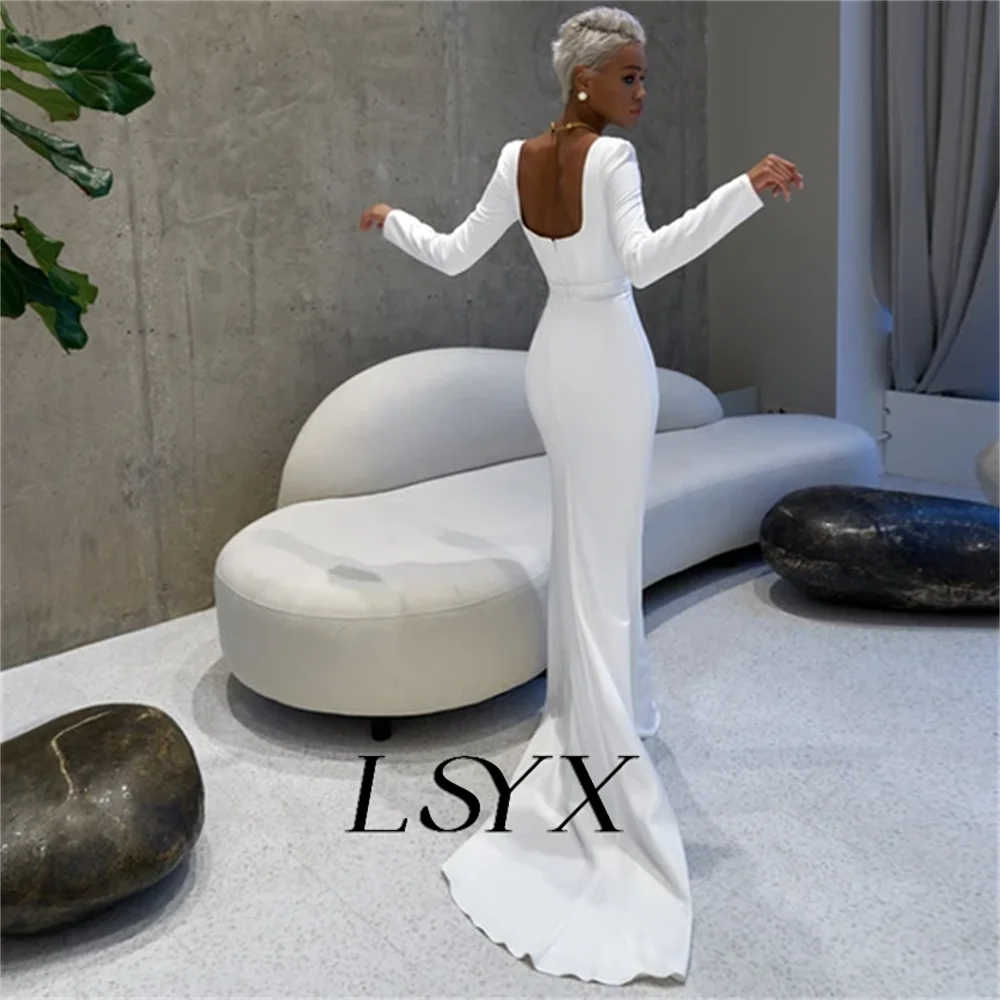 LSYX Elegant Square Neck Long Sleeves Crepe White Wedding Dress Sheath Zipper Back Court Train Bridal Gown Custom Made