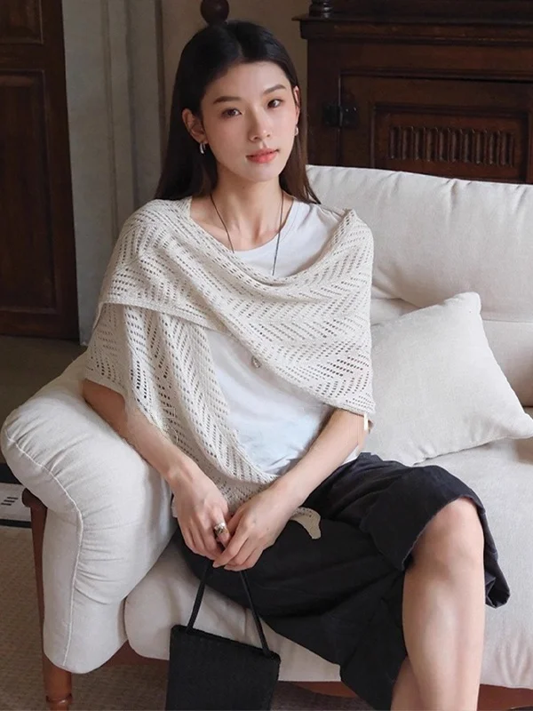 軽量中空アイスシルクニット三角スカーフショルダーラップトップ女性の夏用エアコン日焼け止めシャツ