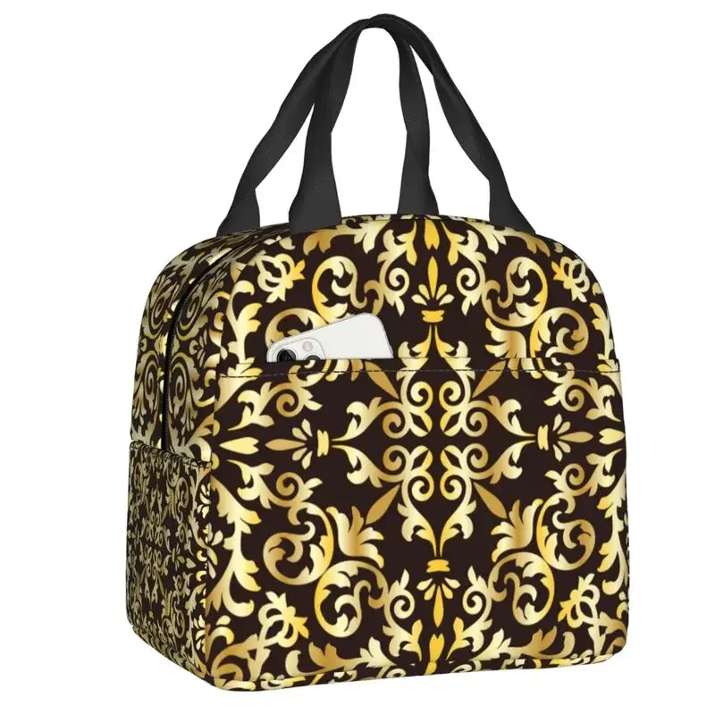 

Golden Baroque Pattern Insulated Lunch Bag for Women Waterproof European Floral Thermal Cooler Lunch Box Office Work School