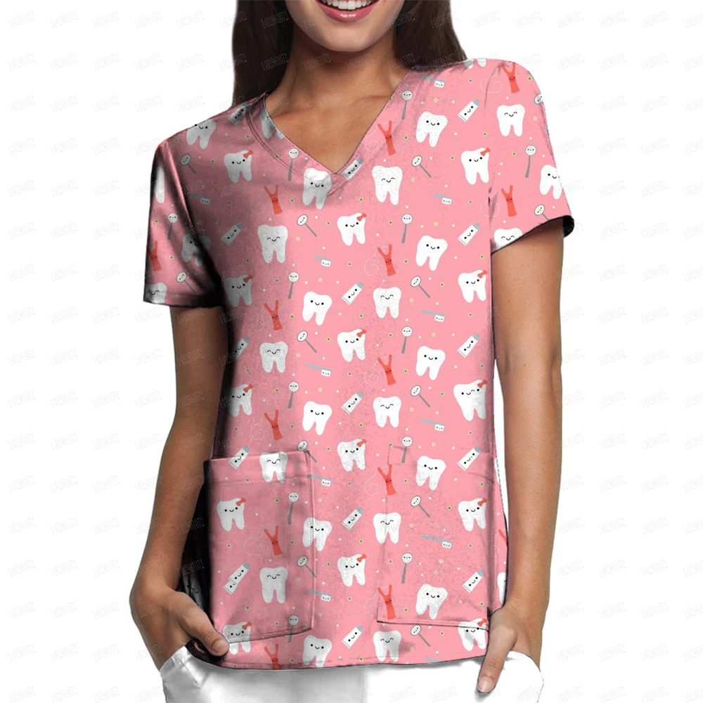 

Hospital Working Uniforms Medcine Teeth Print Nursing v-neck blouse Dental clinic Uniform Medical Nurse short sleeve Scrub Tops