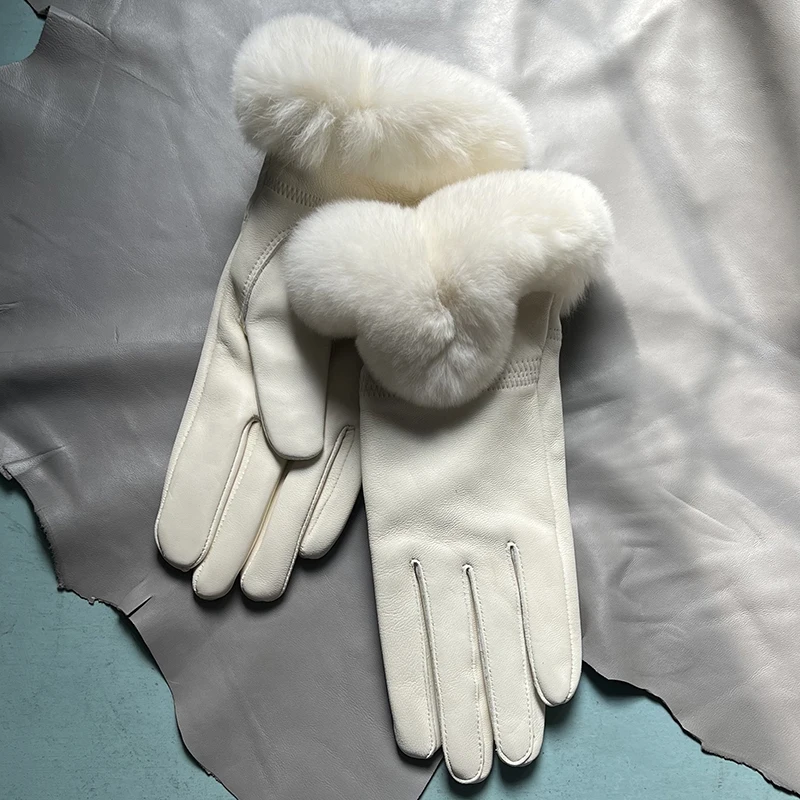 Autumn winter women's genuine leather gloves 100% real rex rabbit fur genuine sheepskin mittens black red blue pink
