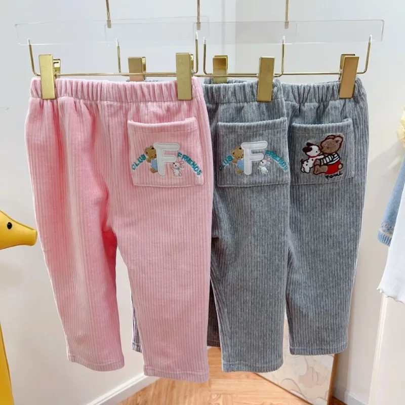 Japanese Winter  Kids Pants  Cartoon Bear Striped Velvet Casual Pant  Girls Pants Baby Boy Clothes Roupa Infantil  Bottom