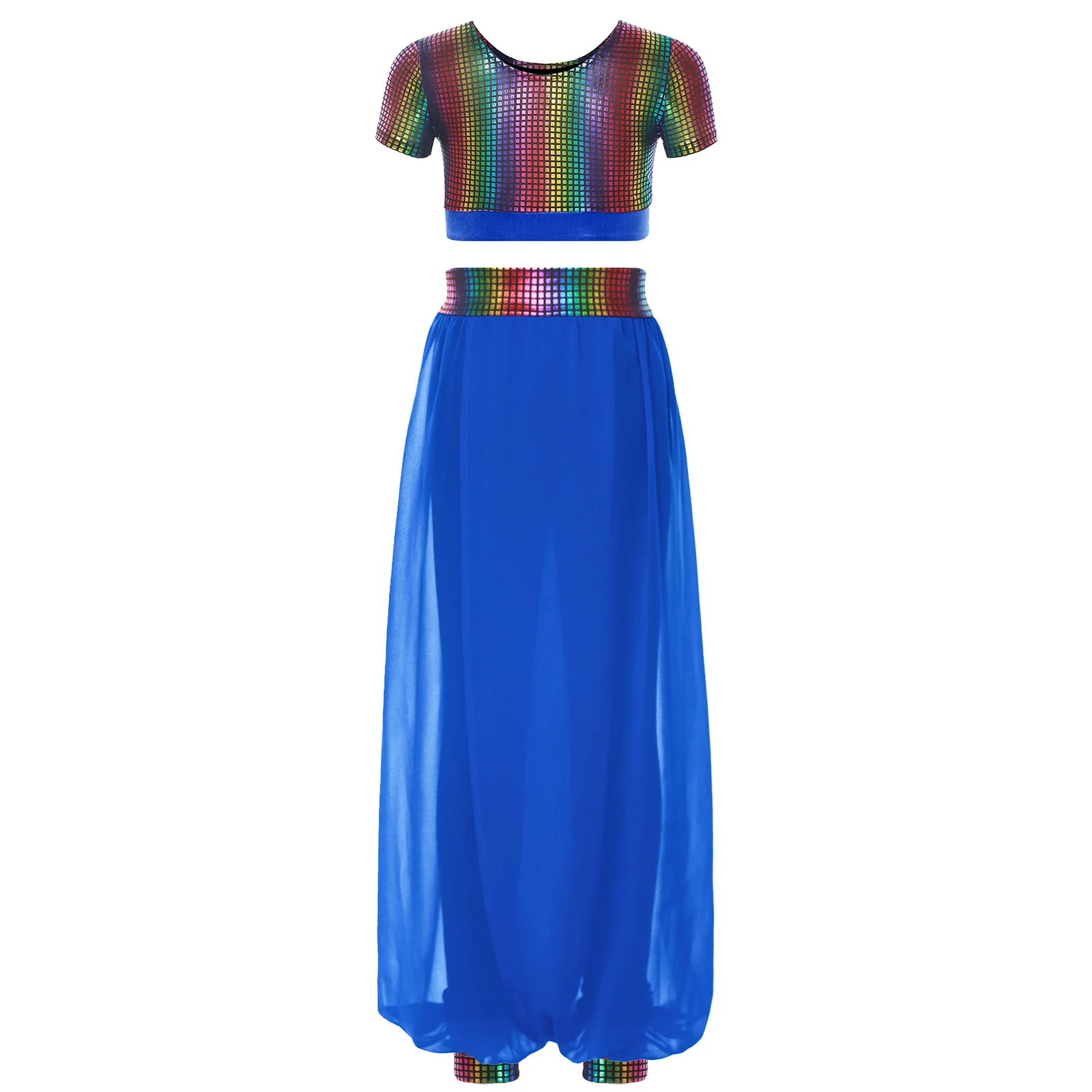 Vestito da ballo latino jazz per bambina, 2 pezzi, colletto tondo metallico, maniche corte, top corto con pantaloni a fiori, abbigliamento da ballo moderno per la pancia