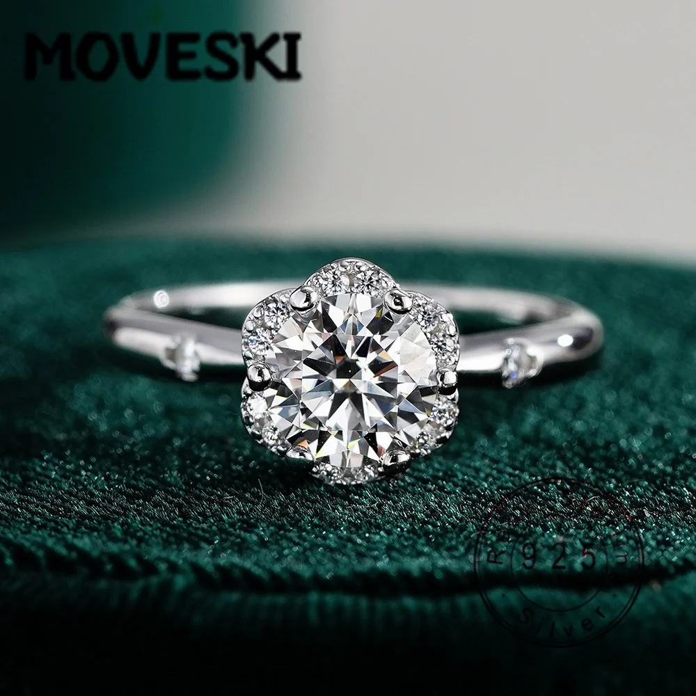

MOVESKI 925 Sterling Silver 1CT Round Moissanite Engagement Ring for Women, Floral Halo CZ Solitaire Wedding Band,