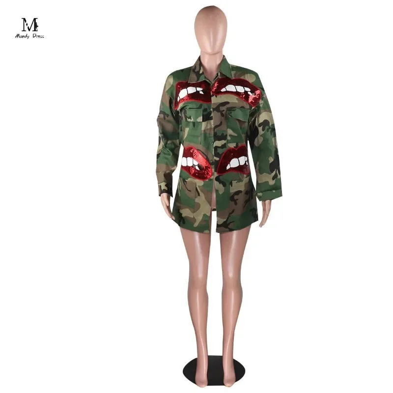 S-6XL Plus Size Women Camouflage Jacket Long Sleeve Sequins Lip Y2K Streetwear Clothes Fall Winter Fashion Camo Coats