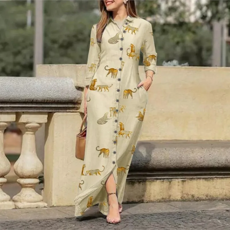 Vintage Leopard Animal Print Loose Shirt Dress Pocket Autumn Lapel Button Women Casual Long Sleeve Pocket Maxi Dresses Robes Y2k