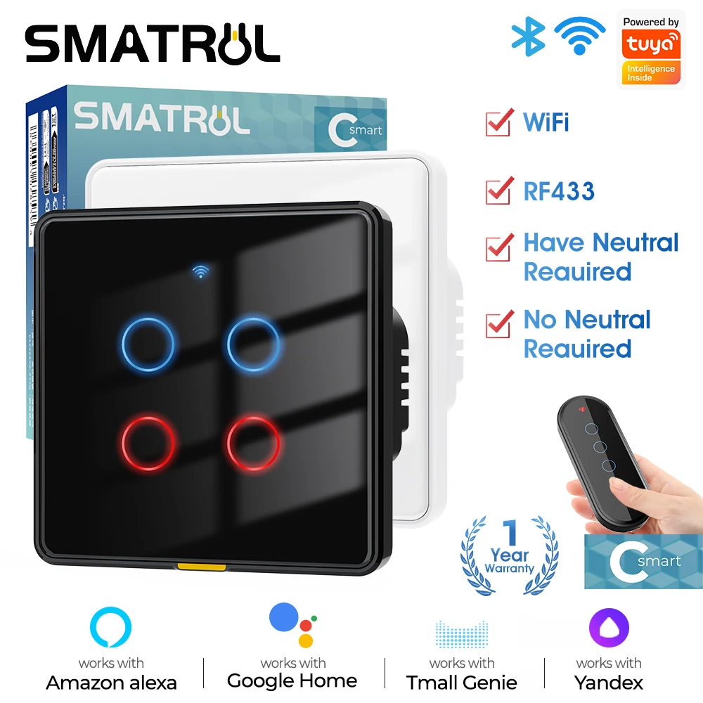 SMATRUL Tuya Smart Home WiFi RF433 EU Wall Light Touch Switch No Neutral Wire 110-240V Timing Voice App For Alexa, Google Home