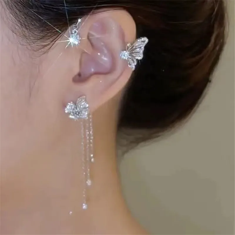 Sparkling Zircon Flower Butterfly Ear Bone Clip for Women Without Piercing Tassel Ear Cuff Clip Earrings Wedding Jewelry