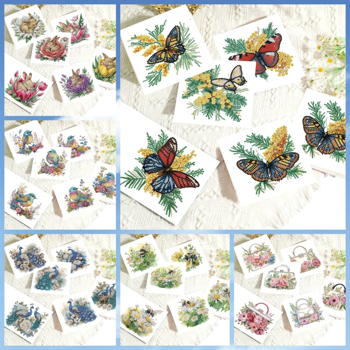 6 DIY animal and flower diamond painted art set greeting cards, uniquely designed, expressing blessings and wishes.