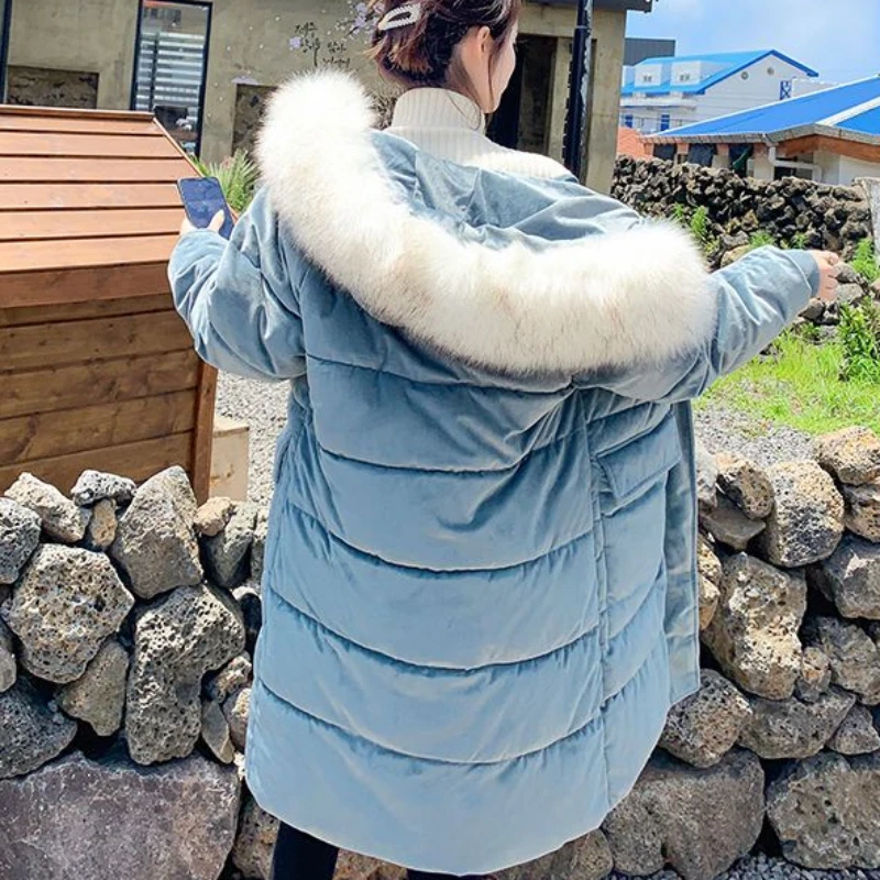2023 New Women Down Cotton-Padded Coat Large Size Mid-Length Over-the-Knee Padded Jacket Thickened Pleuche Cotton-Padded Coat