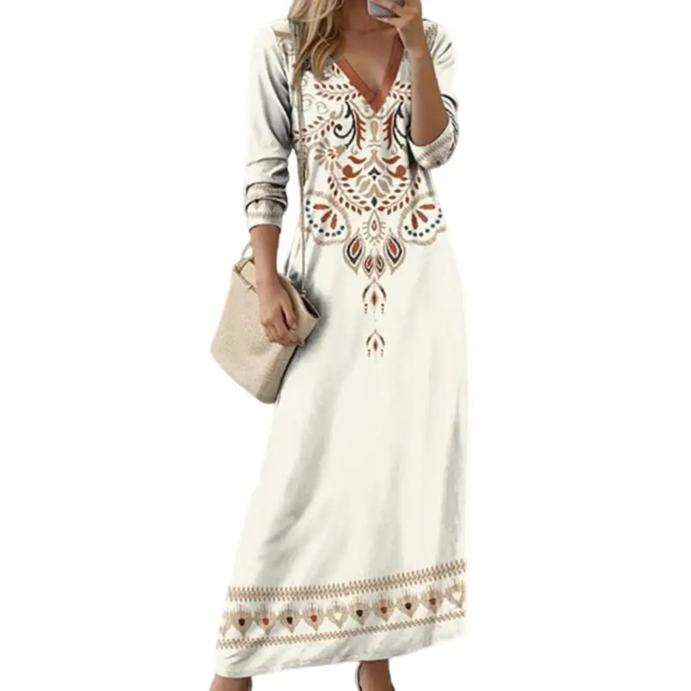 

Women Dress Bohemian V Neck Dress with Ethnic Print Long Sleeves for A-line Pullover Ankle vestidos verano moda 2024