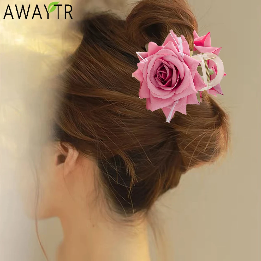 AWAYTR Feather Rose Hair Claws Farbic Flower Hair Clips Crab For Women Girl Gift Hair Accessories Valentine Headwear