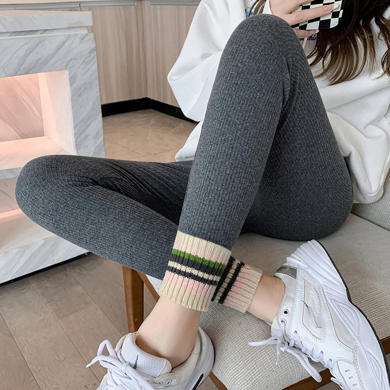 Leggings Women 2023 Winter Ribbed High Waist Slim Outer Wear Casual Pants Contrasting Colors Ankle-length Stretchy Pants Tights