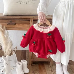 2024 Winter Baby Girls Rompers Cherry Patched Plus Velvet Ruffle Collar Newborn Girls Bodysuit Infant Girls Onesies Outfits