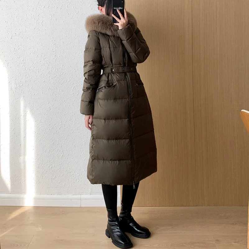 Doudoune à capuche taille haute avec col en fourrure de renard véritable pour femme, grand manteau bouffant, parka de neige coupe-vent, luxe, chaud,