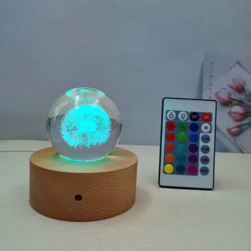 Usb Beech 3cm Base 3d Crystal Ball Crafts Night Light Customized Led Nightlight Remote Control Colorful Solid Wood 3d Led Lamp