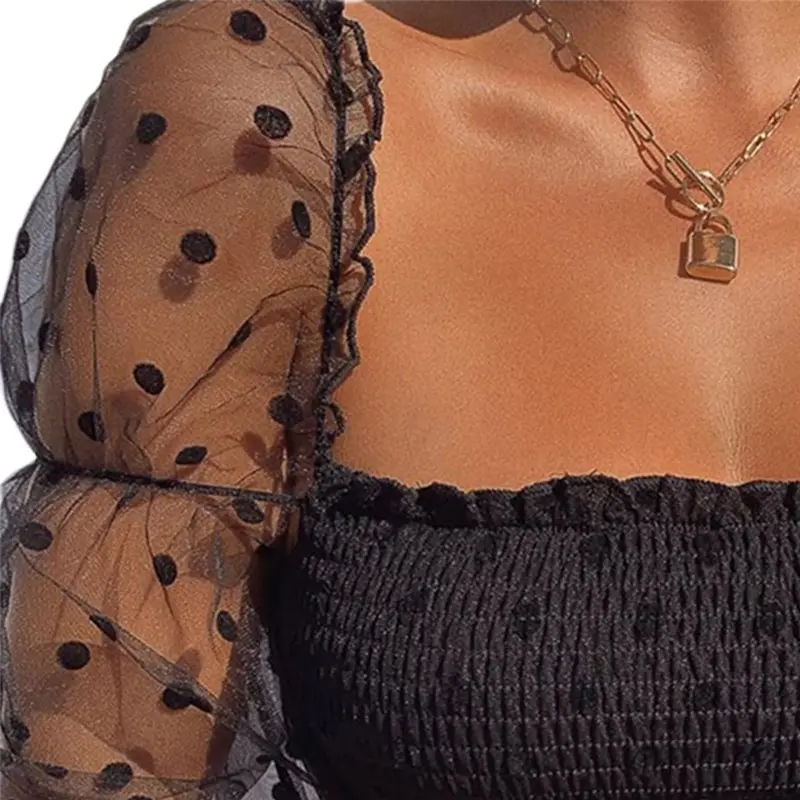 Women\'s Short Top Wave Dotted Sexy Mesh Puffy Long Sleeve See Through Comfortable and Breathable Blouse