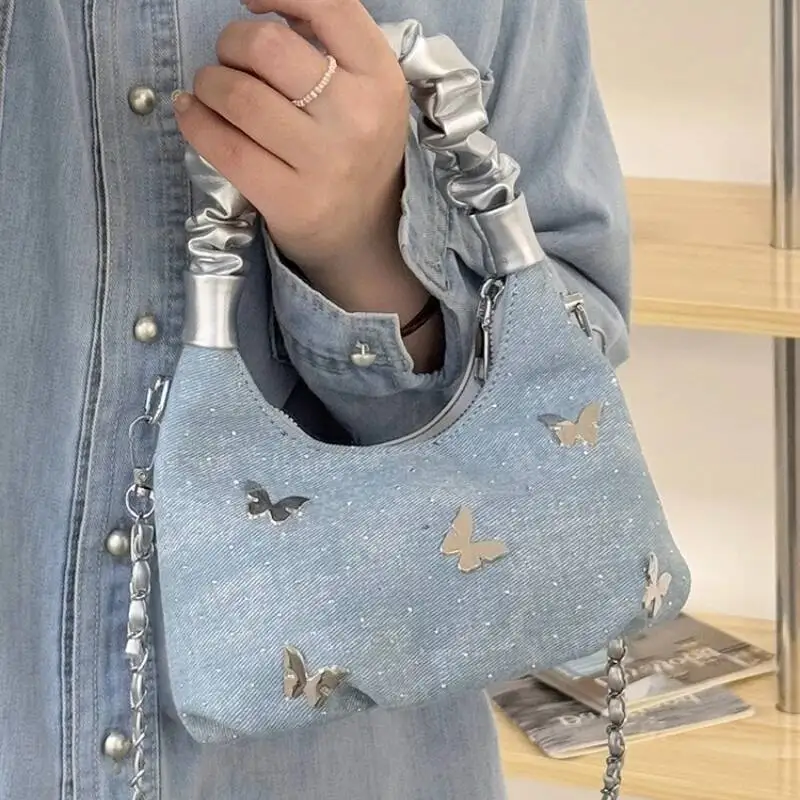 Y2k Sweet Butterfly Patchwork Top-Handle Bags Women Fairy Chain Shoulder Crossbody Bag Kawaii Cute Pleated Purses And Handbags
