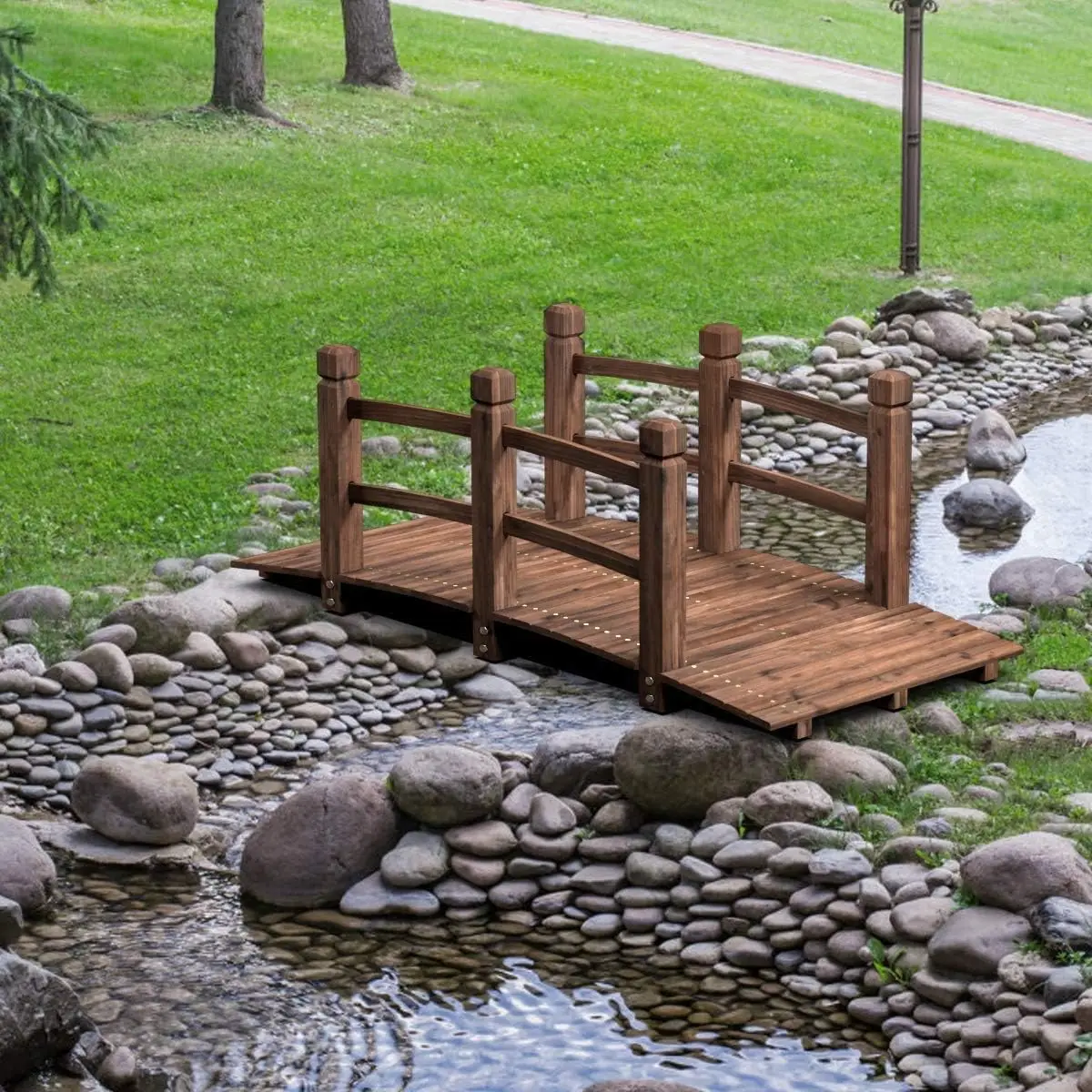 Holzbrücke, kleine Gartenbrücke aus Holz mit Geländer, Teichbrücke für die Garten-Hinterhof-Dekoration, 1,5 m