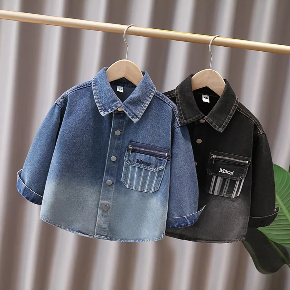 

Одежда для маленьких мальчиков 2-8 лет, повседневная джинсовая рубашка с длинными рукавами, куртка с карманами, однобортные детские пальто, детская верхняя одежда