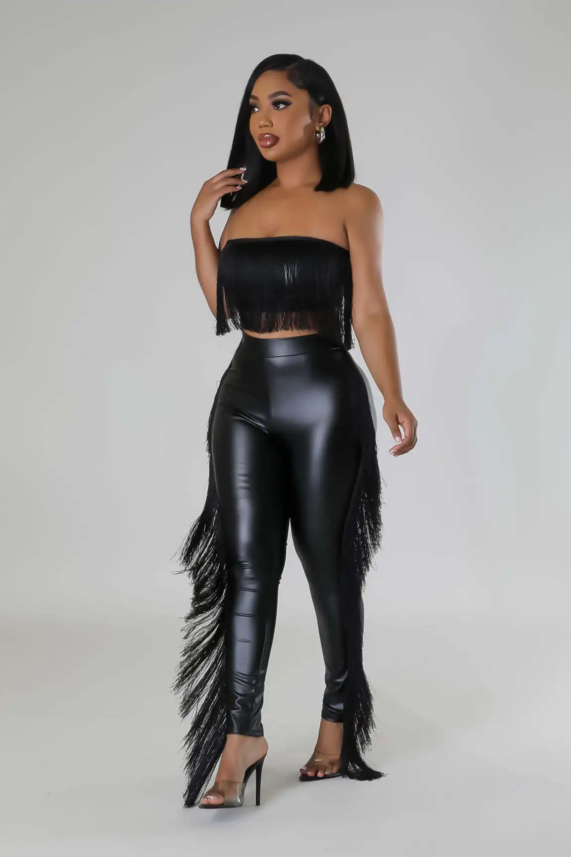 Sexy Wrapped Chest Tassel Two Piece Set  Off Shouler Pencil Slim Fit Pants Nightclub Suit Pu Leather Fringe Set 2 Pieces