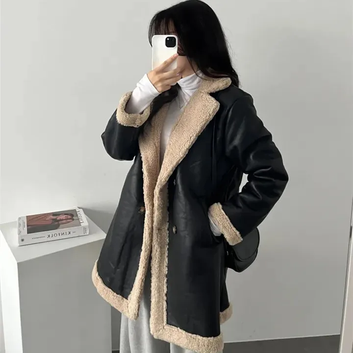 معطف شتوي نسائي من Thiened Fce مبطن متوسط الطول من الجلد Jaet بتصميم كوري أنيق من جلد eepskin طويل Sve #3